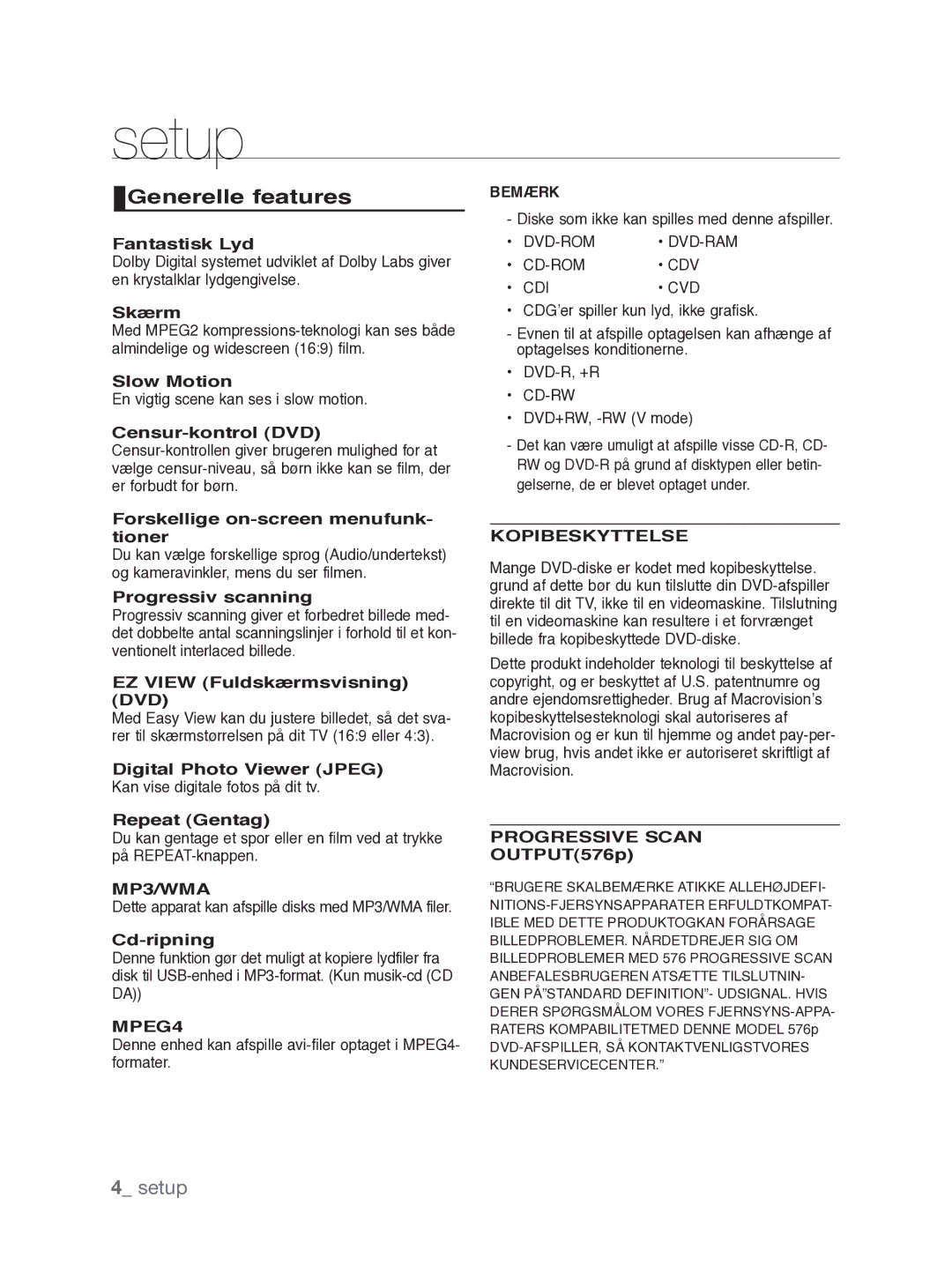 Samsung DVD-P390/XEE manual Setup, Generelle features,  setup 