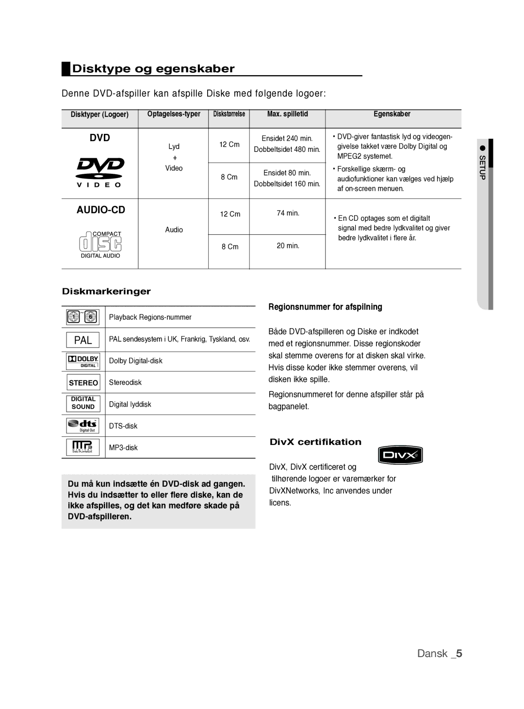 Samsung DVD-P390/XEE manual Disktype og egenskaber, Diskmarkeringer, DivX certifikation, Egenskaber 