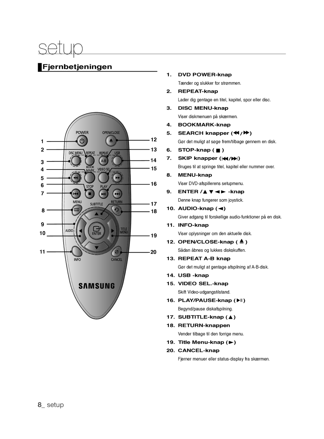 Samsung DVD-P390/XEE manual Fjernbetjeningen 