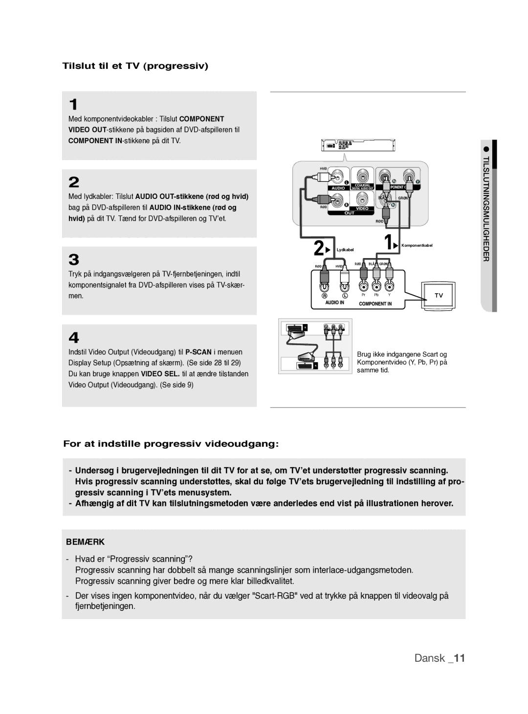 Samsung DVD-P390/XEE manual Dansk, Tilslut til et TV progressiv, For at indstille progressiv videoudgang 