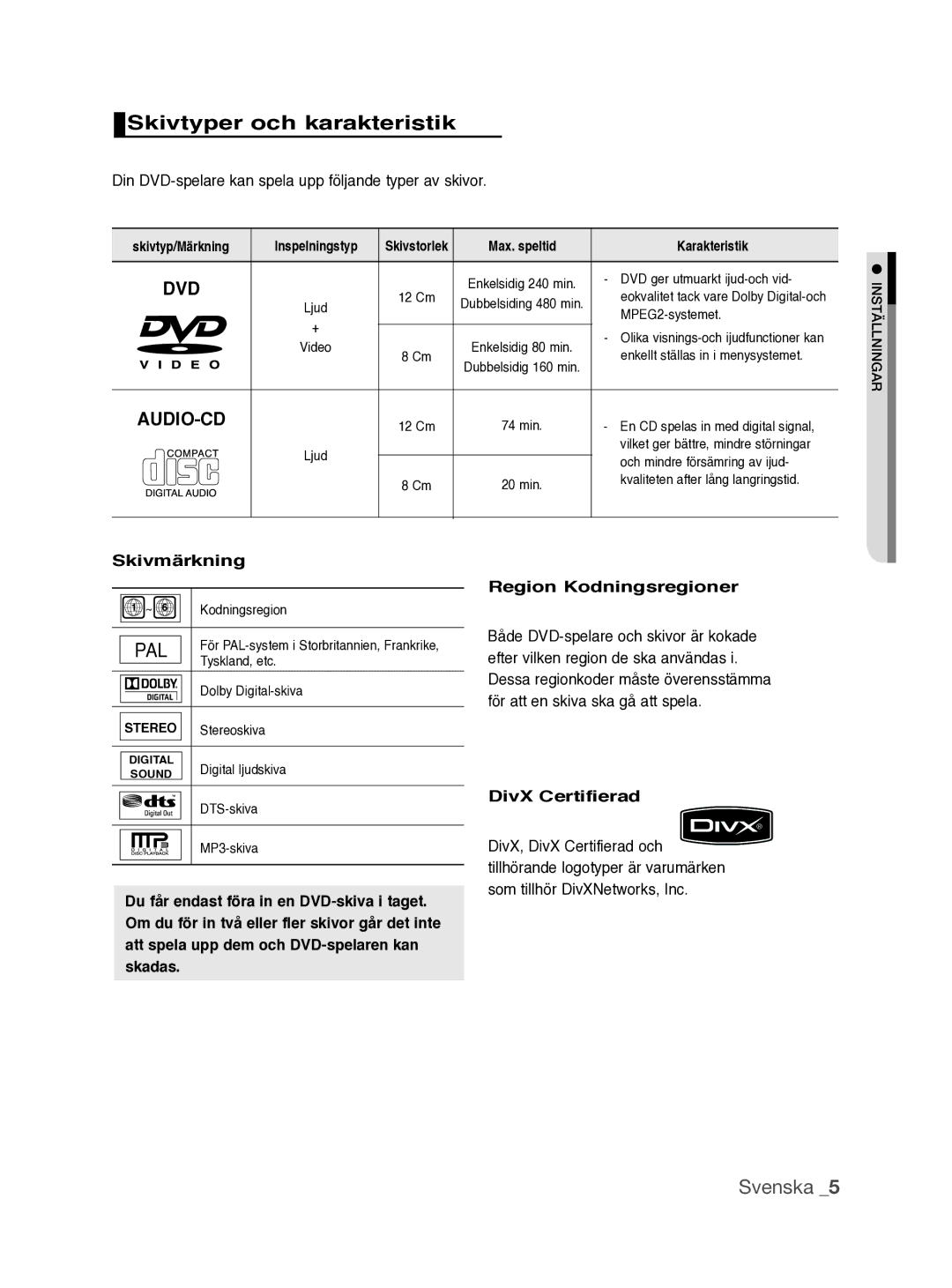 Samsung DVD-P390/XEE Skivtyper och karakteristik, Din DVD-spelare kan spela upp följande typer av skivor, Skivmärkning 