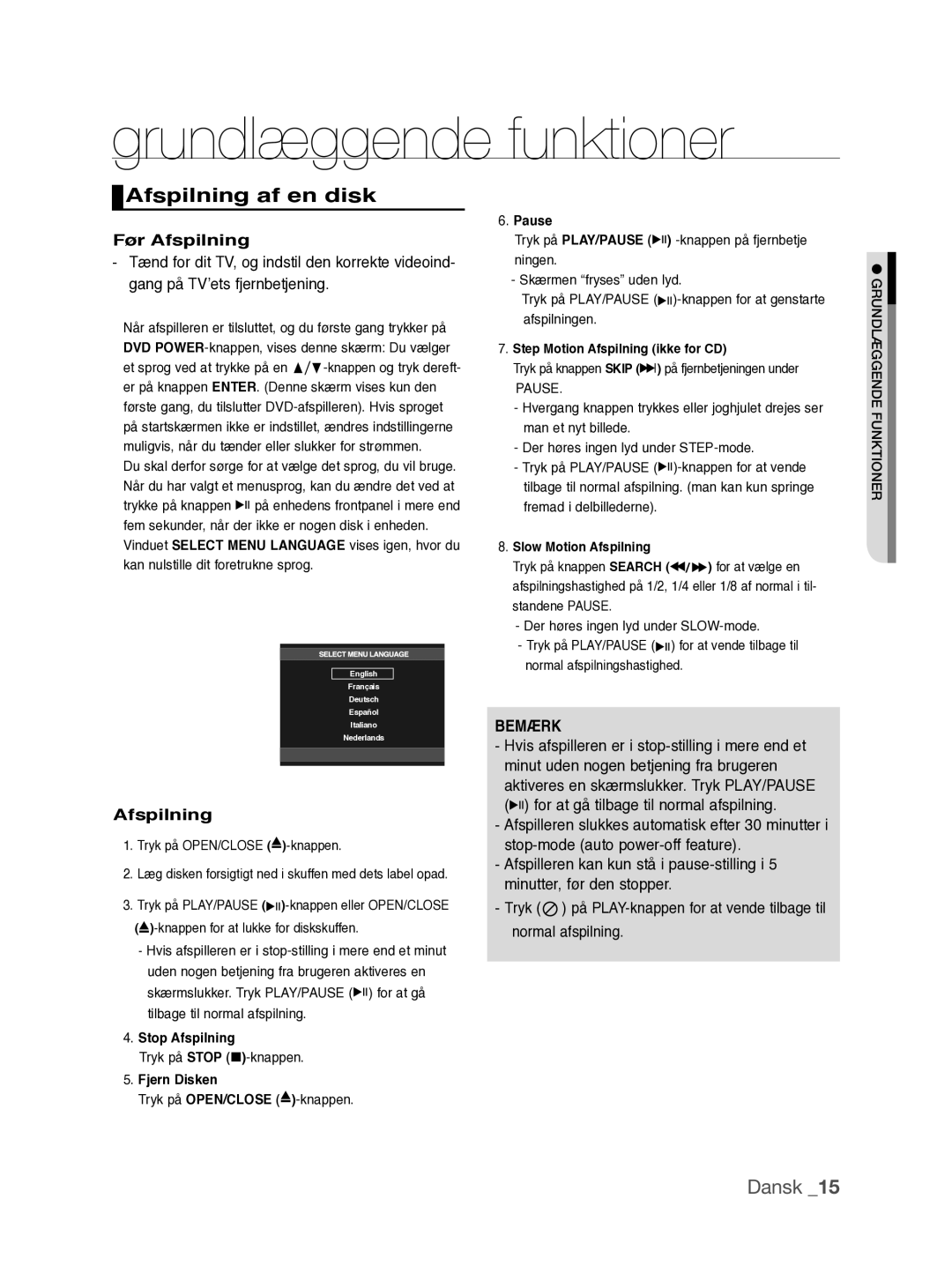 Samsung DVD-P390/XEE manual Grundlæggende funktioner, Afspilning af en disk, Før Afspilning 