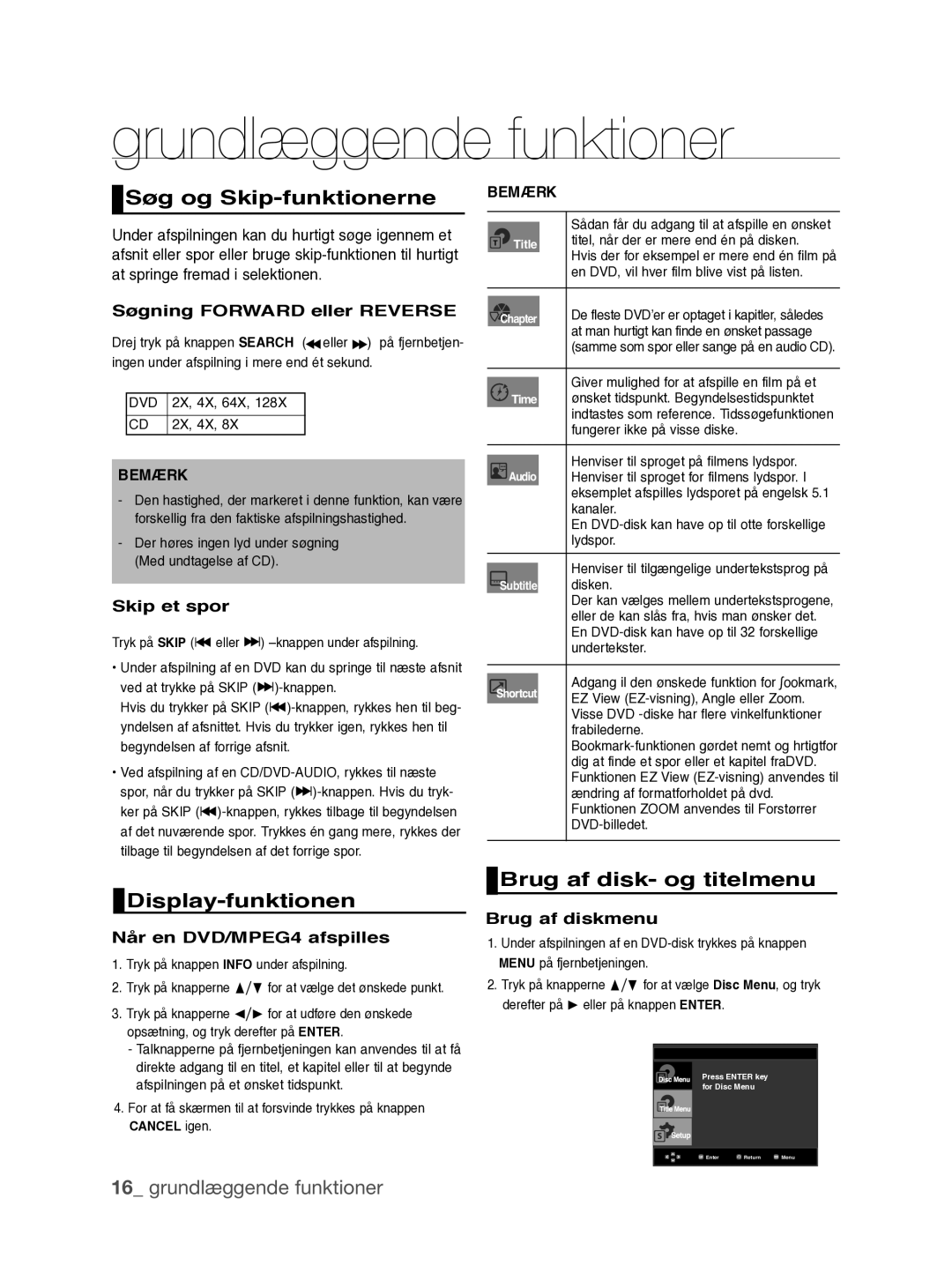 Samsung DVD-P390/XEE Søg og Skip-funktionerne, Display-funktionen, Brug af disk- og titelmenu, Grundlæggende funktioner 