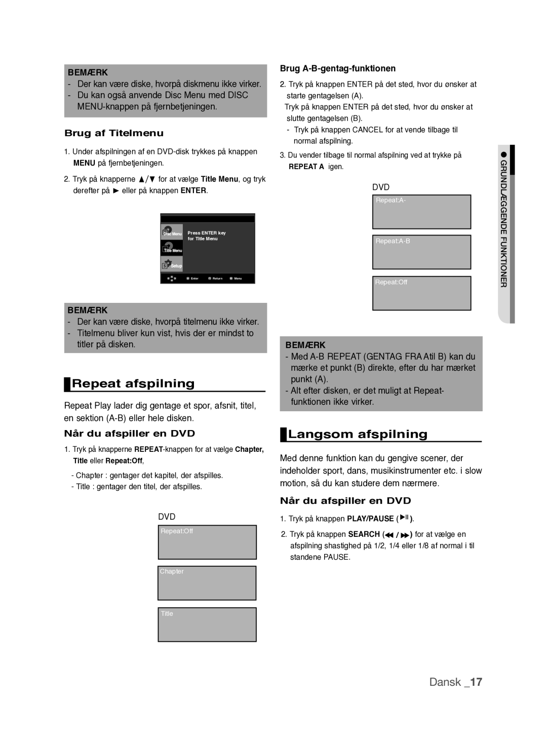 Samsung DVD-P390/XEE manual Repeat afspilning, Langsom afspilning, Brug af Titelmenu, Når du afspiller en DVD 