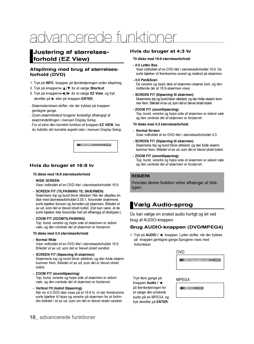 Samsung DVD-P390/XEE manual Advancerede funktioner, Justering af størrelses- forhold EZ View, Vælg Audio-sprog 