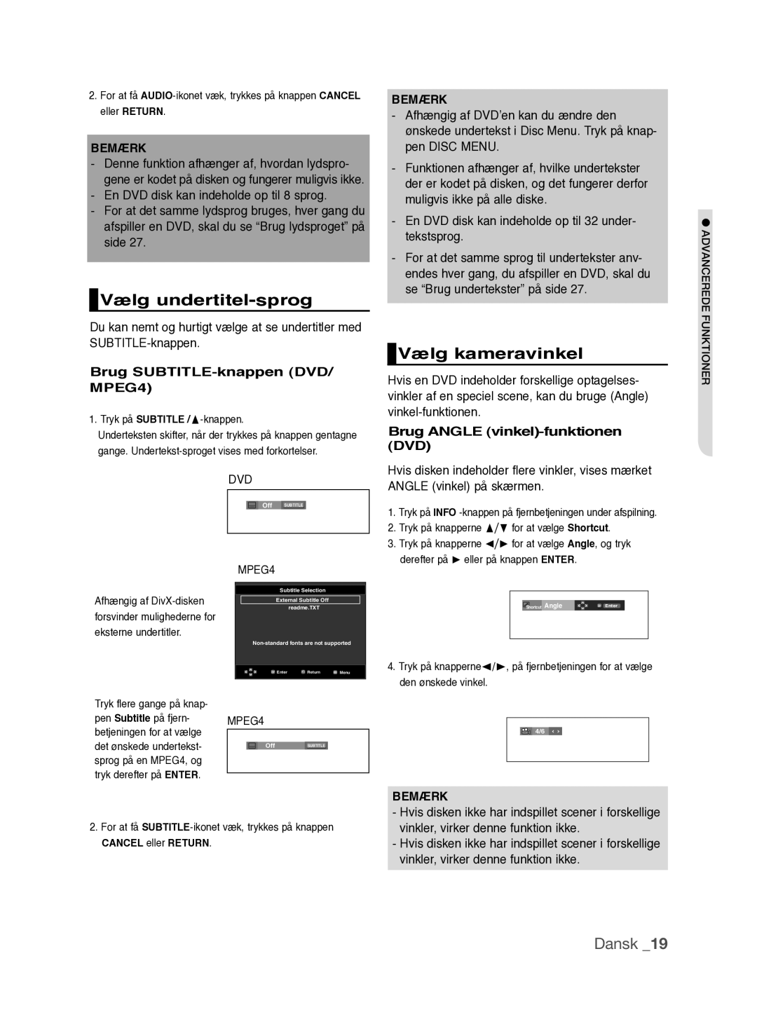 Samsung DVD-P390/XEE manual Vælg undertitel-sprog, Vælg kameravinkel, Brug SUBTITLE-knappen DVD/ MPEG4 