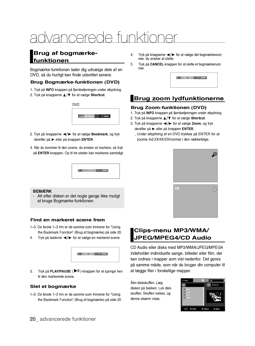 Samsung DVD-P390/XEE Brug af bogmærke- funktionen, Brug zoom lydfunktionerne, Clips-menu MP3/WMA/ JPEG/MPEG4/CD Audio 