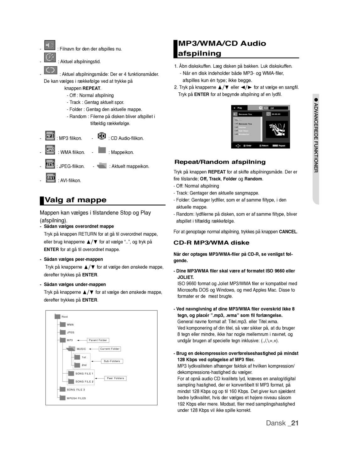 Samsung DVD-P390/XEE Valg af mappe, MP3/WMA/CD Audio afspilning, Mappen kan vælges i tilstandene Stop og Play afspilning 