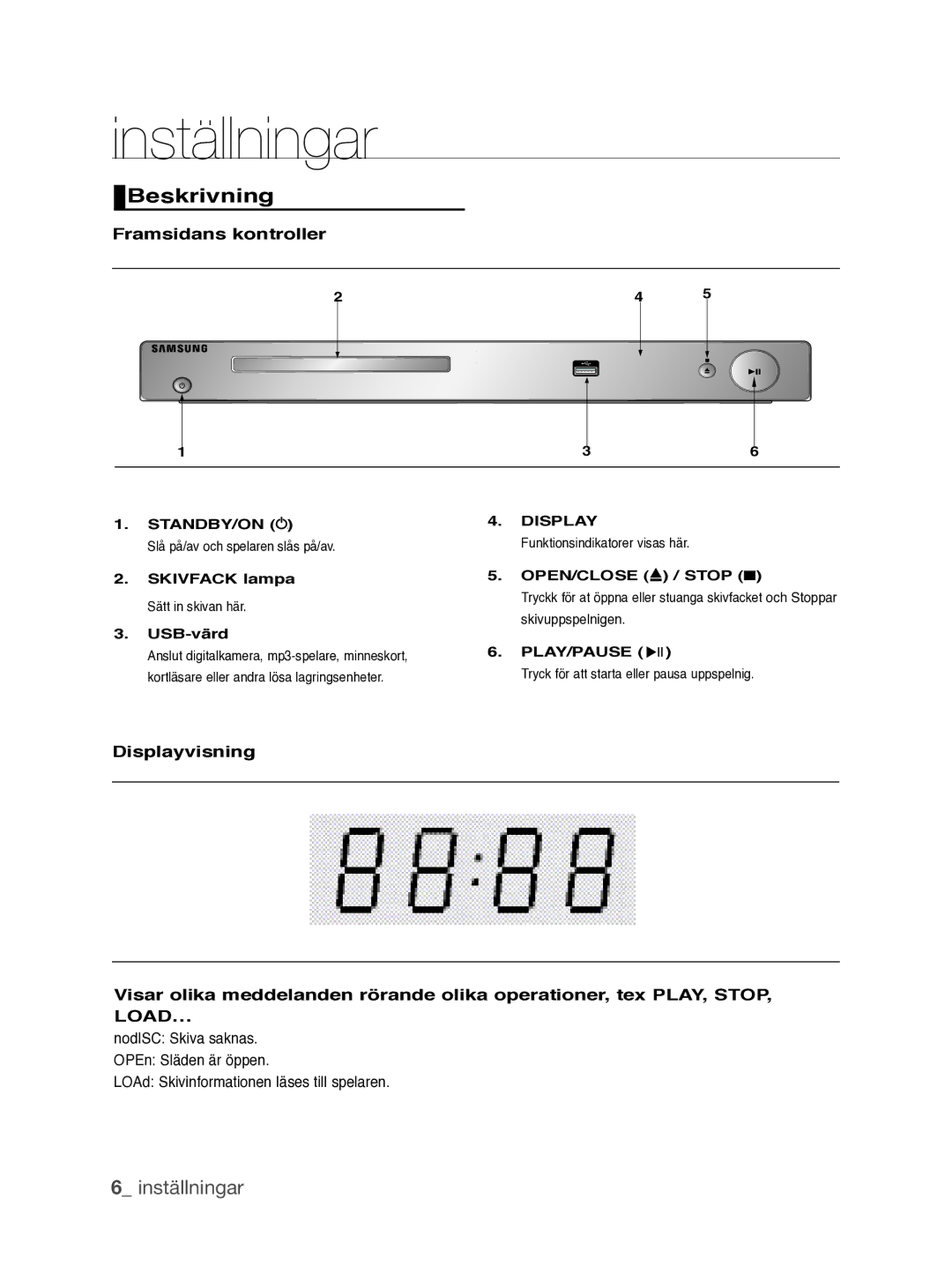 Samsung DVD-P390/XEE Beskrivning, Framsidans kontroller, Skivfack lampa Sätt in skivan här USB-värd, OPEN/CLOSE / Stop 