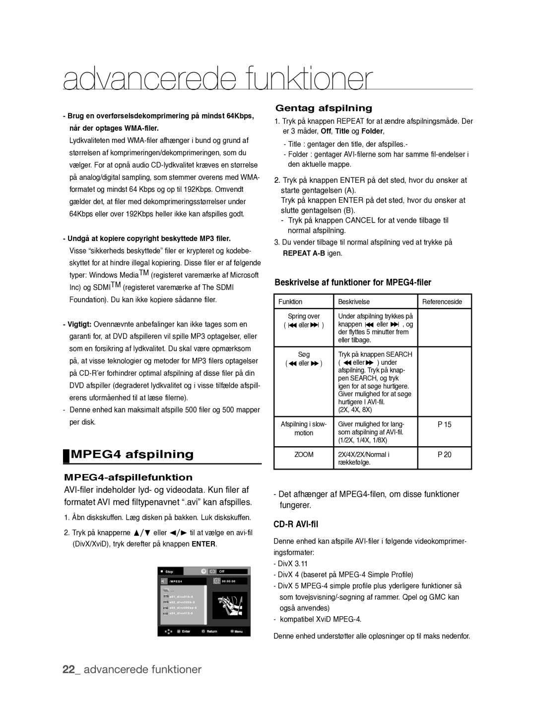 Samsung DVD-P390/XEE manual MPEG4 afspilning, MPEG4-afspillefunktion, Gentag afspilning, CD-R AVI-fil 