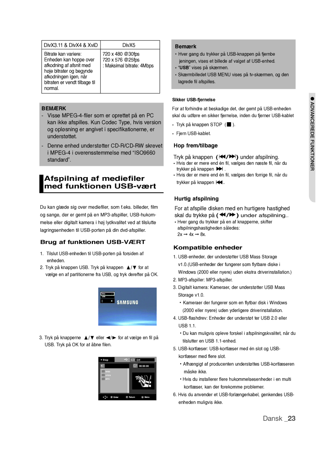 Samsung DVD-P390/XEE manual Afspilning af mediefiler med funktionen USB-vært 