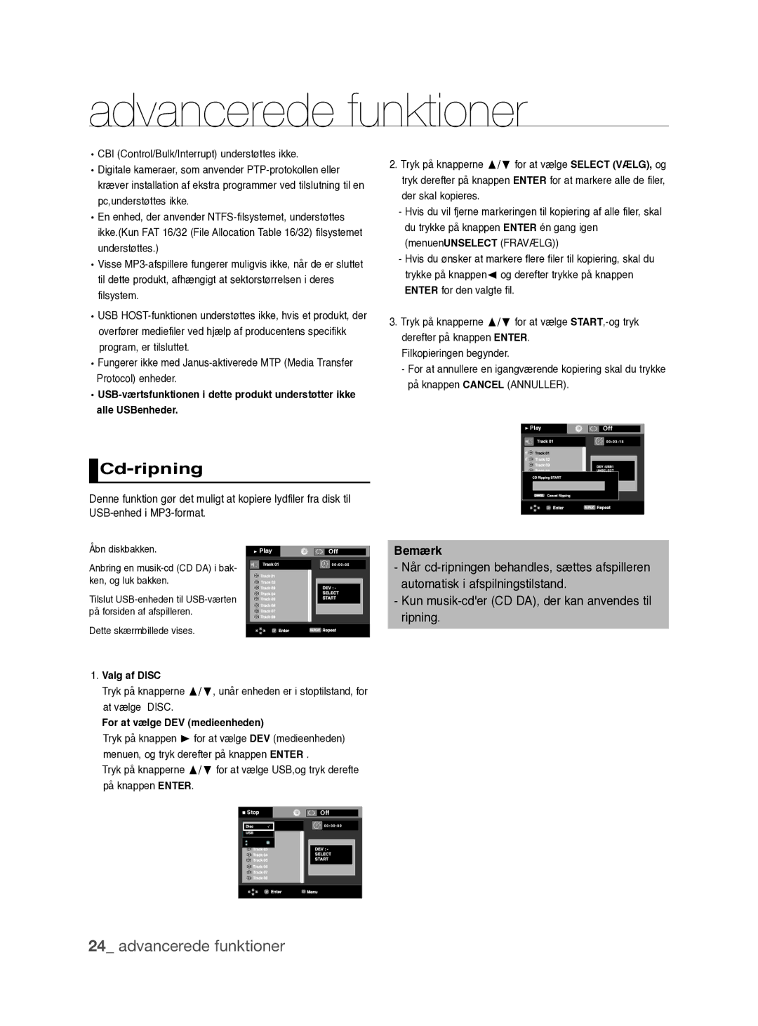 Samsung DVD-P390/XEE manual Cd-ripning, Dette skærmbillede vises, Valg af Disc, For at vælge DEV medieenheden 