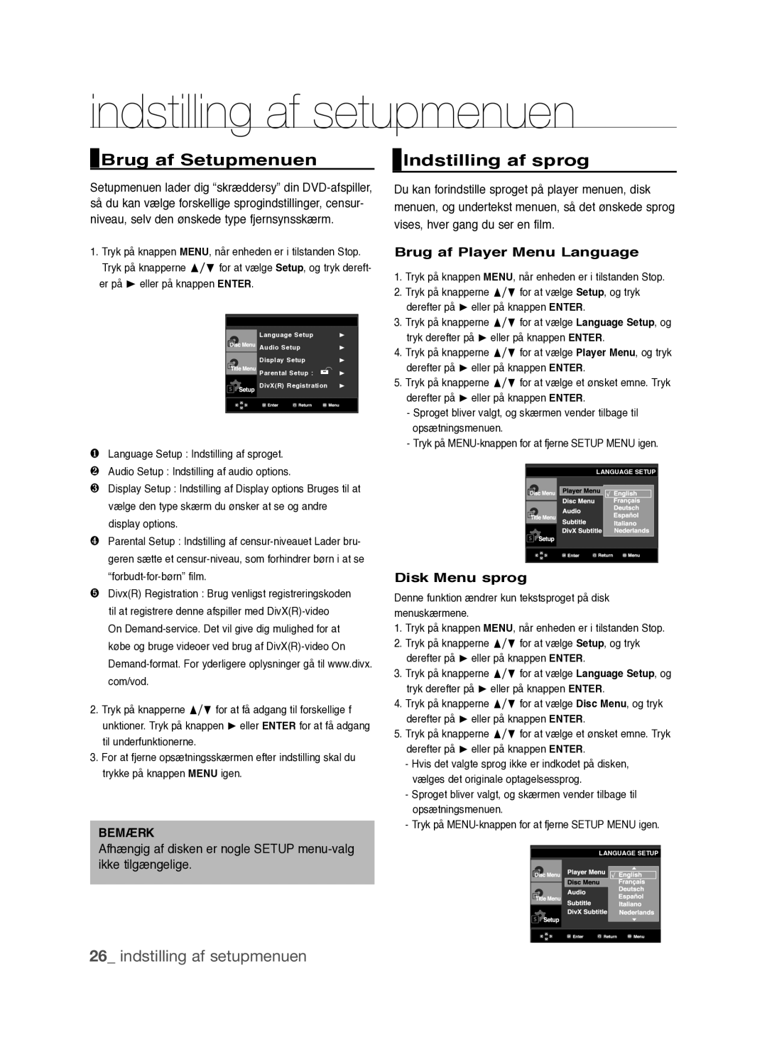 Samsung DVD-P390/XEE manual Indstilling af setupmenuen, Brug af Setupmenuen, Indstilling af sprog 