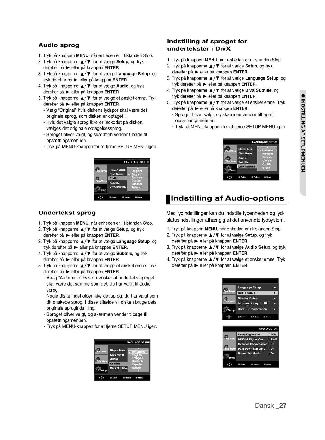 Samsung DVD-P390/XEE manual Indstilling af Audio-options, Audio sprog, Undertekst sprog 