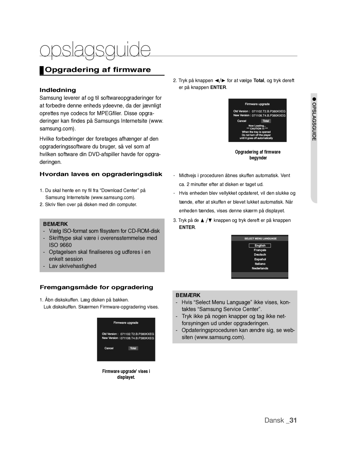 Samsung DVD-P390/XEE manual Opslagsguide, Opgradering af firmware, Indledning, Hvordan laves en opgraderingsdisk 