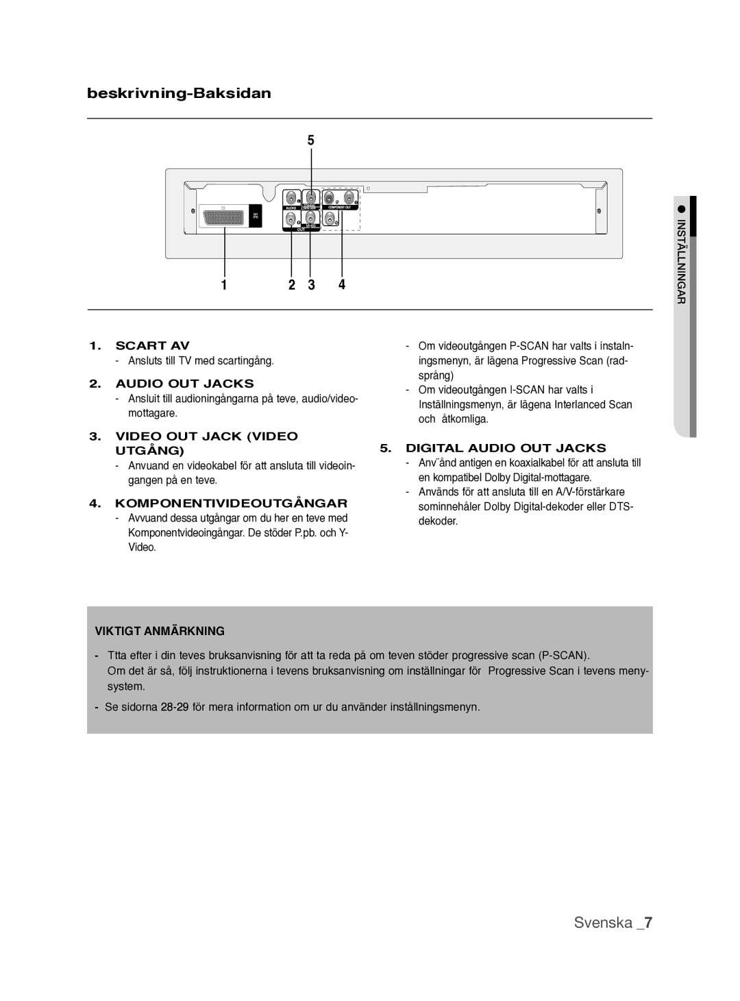 Samsung DVD-P390/XEE manual Beskrivning-Baksidan 