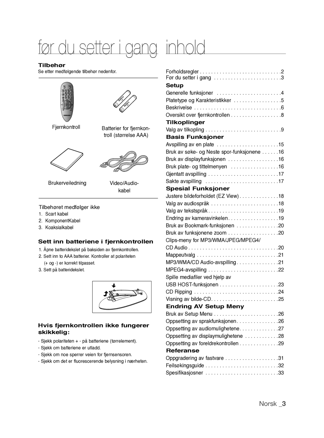 Samsung DVD-P390/XEE manual Før du setter i gang inhold, Norsk  