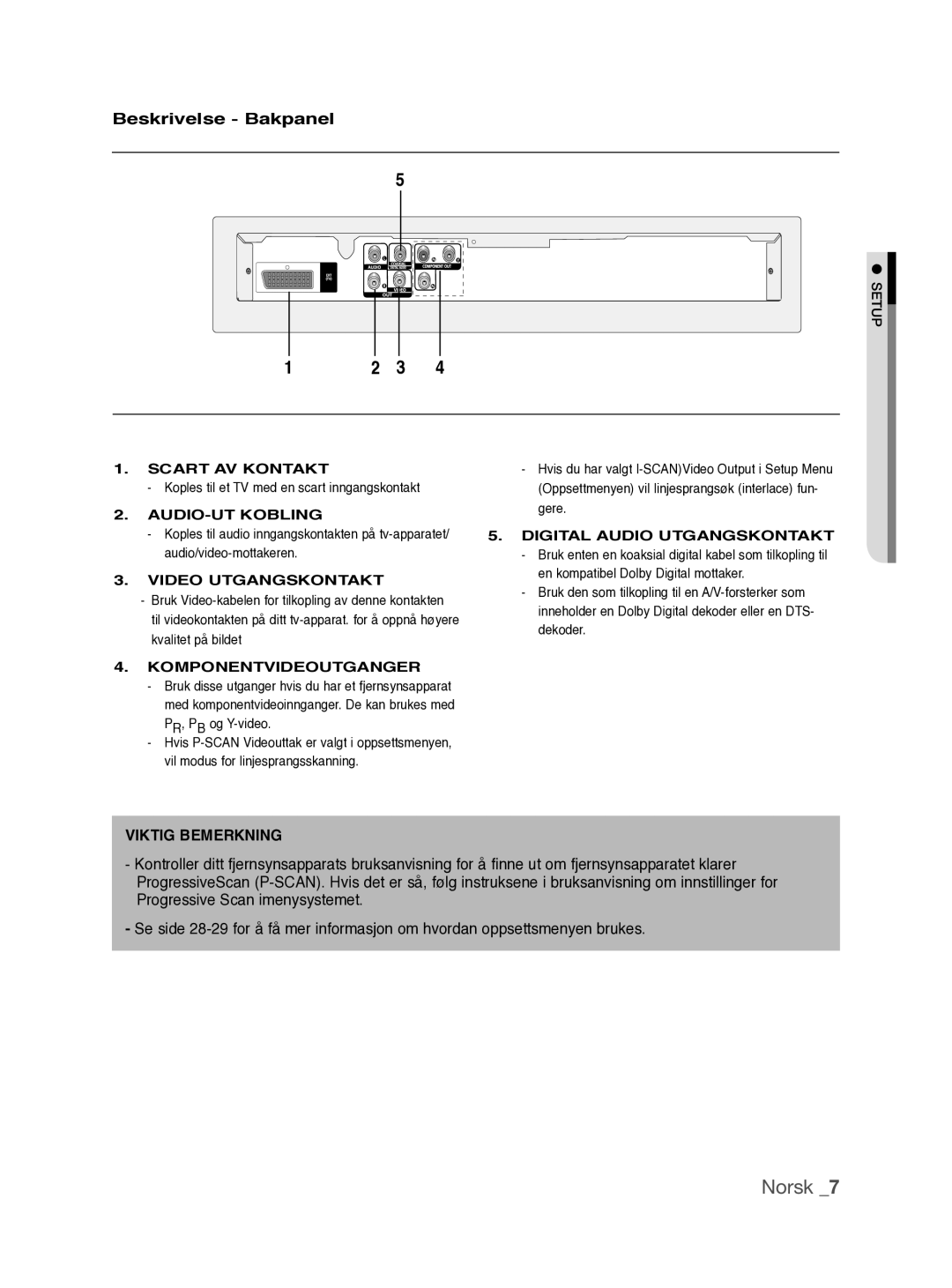 Samsung DVD-P390/XEE manual Beskrivelse Bakpanel, Koples til et TV med en scart inngangskontakt 