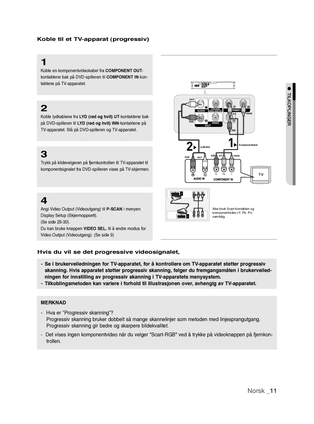 Samsung DVD-P390/XEE manual Norsk, Koble til et TV-apparat progressiv, Hvis du vil se det progressive videosignalet 