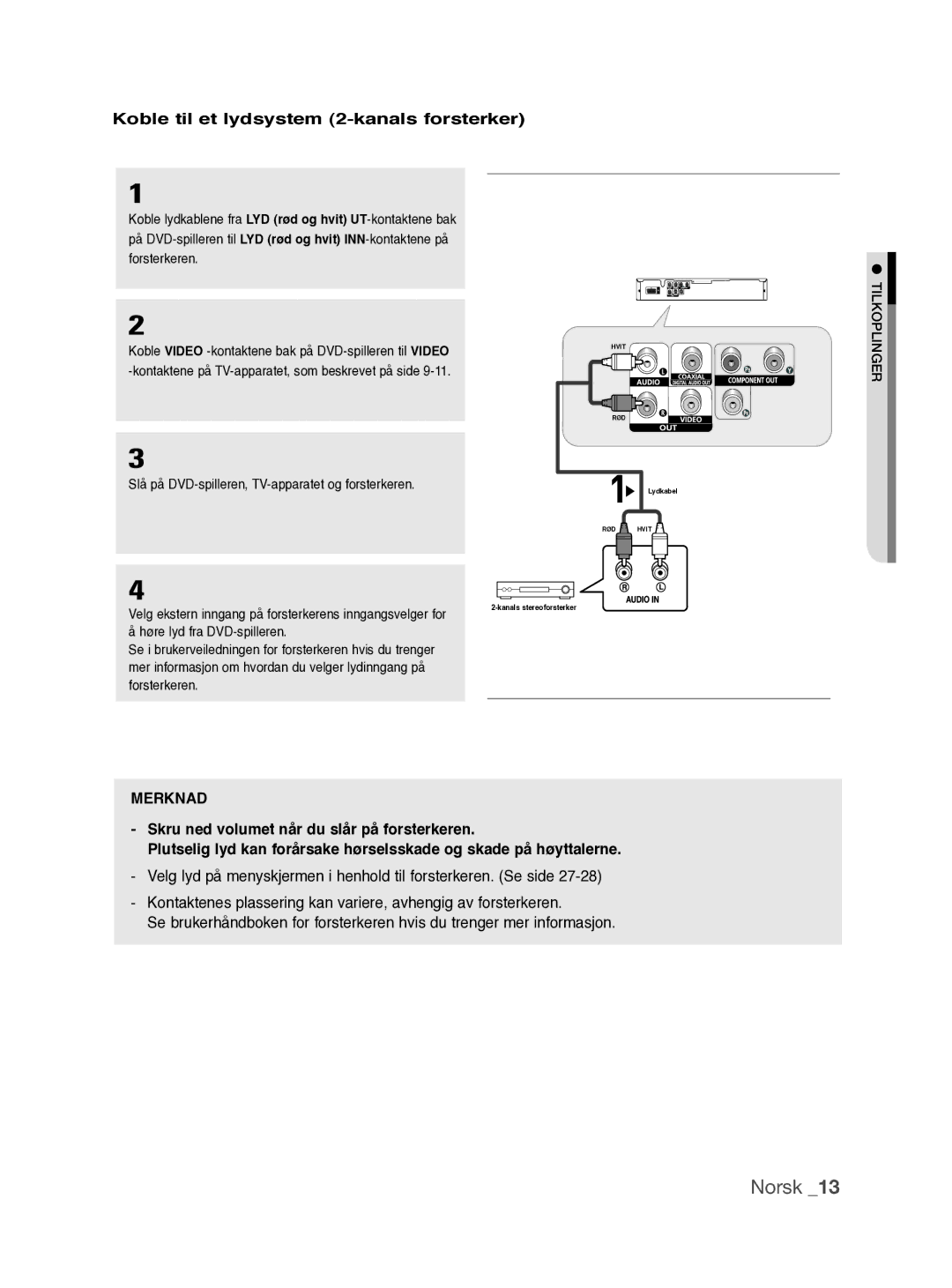 Samsung DVD-P390/XEE manual Koble til et lydsystem 2-kanals forsterker, Slå på DVD-spilleren, TV-apparatet og forsterkeren 