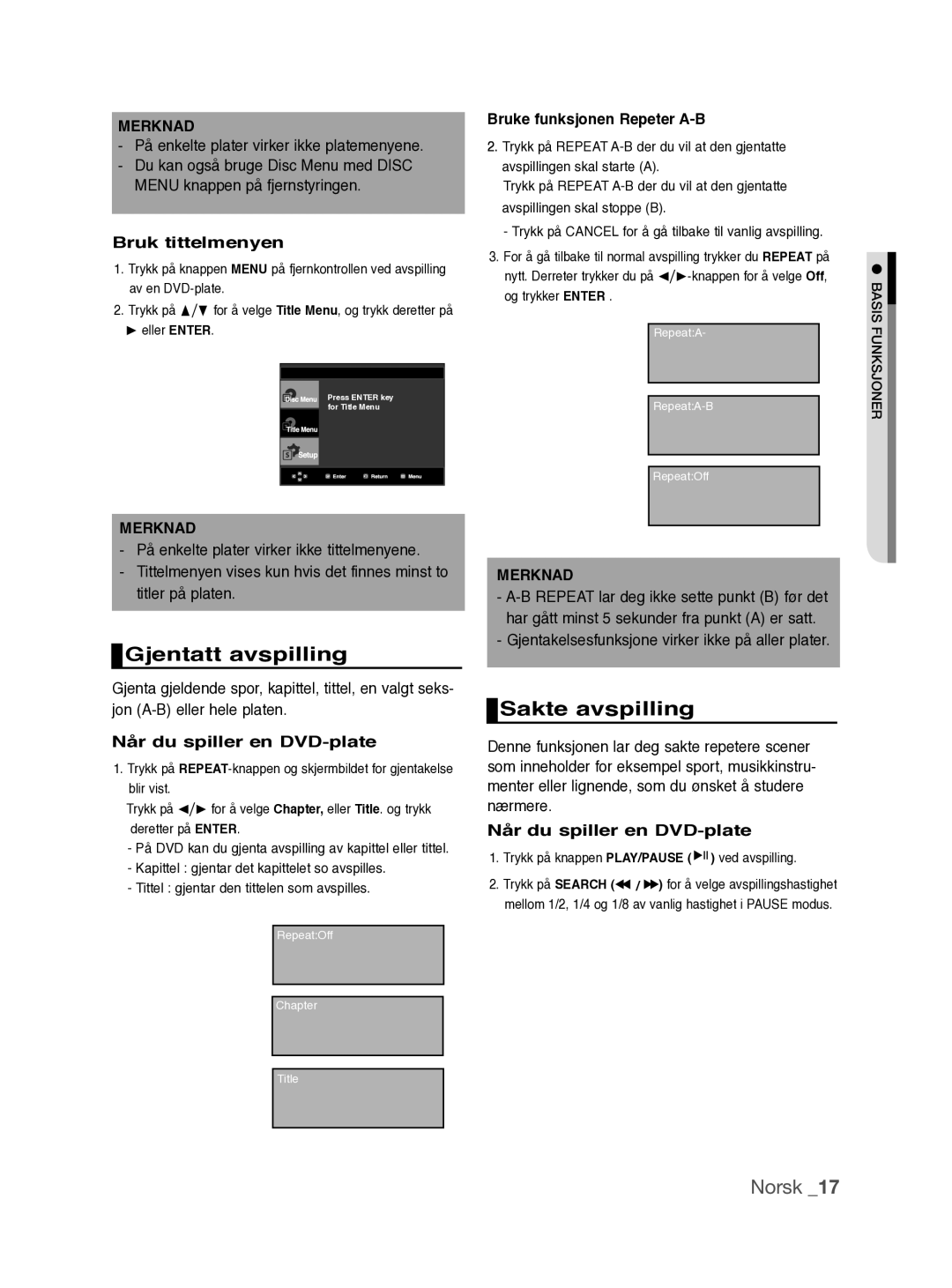 Samsung DVD-P390/XEE manual Gjentatt avspilling, Sakte avspilling, Bruk tittelmenyen, Når du spiller en DVD-plate 