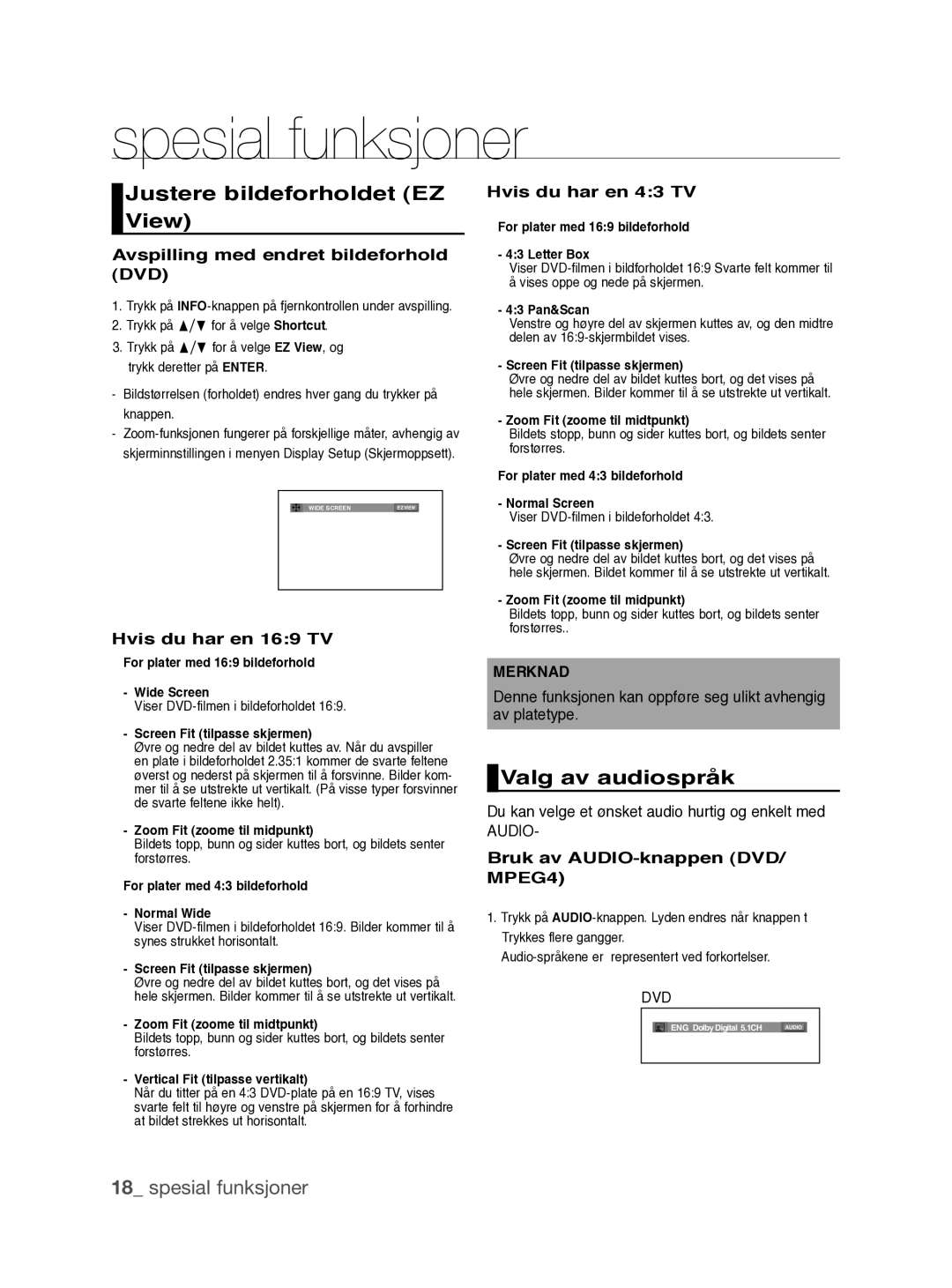 Samsung DVD-P390/XEE manual Spesial funksjoner, Justere bildeforholdet EZ View, Valg av audiospråk 