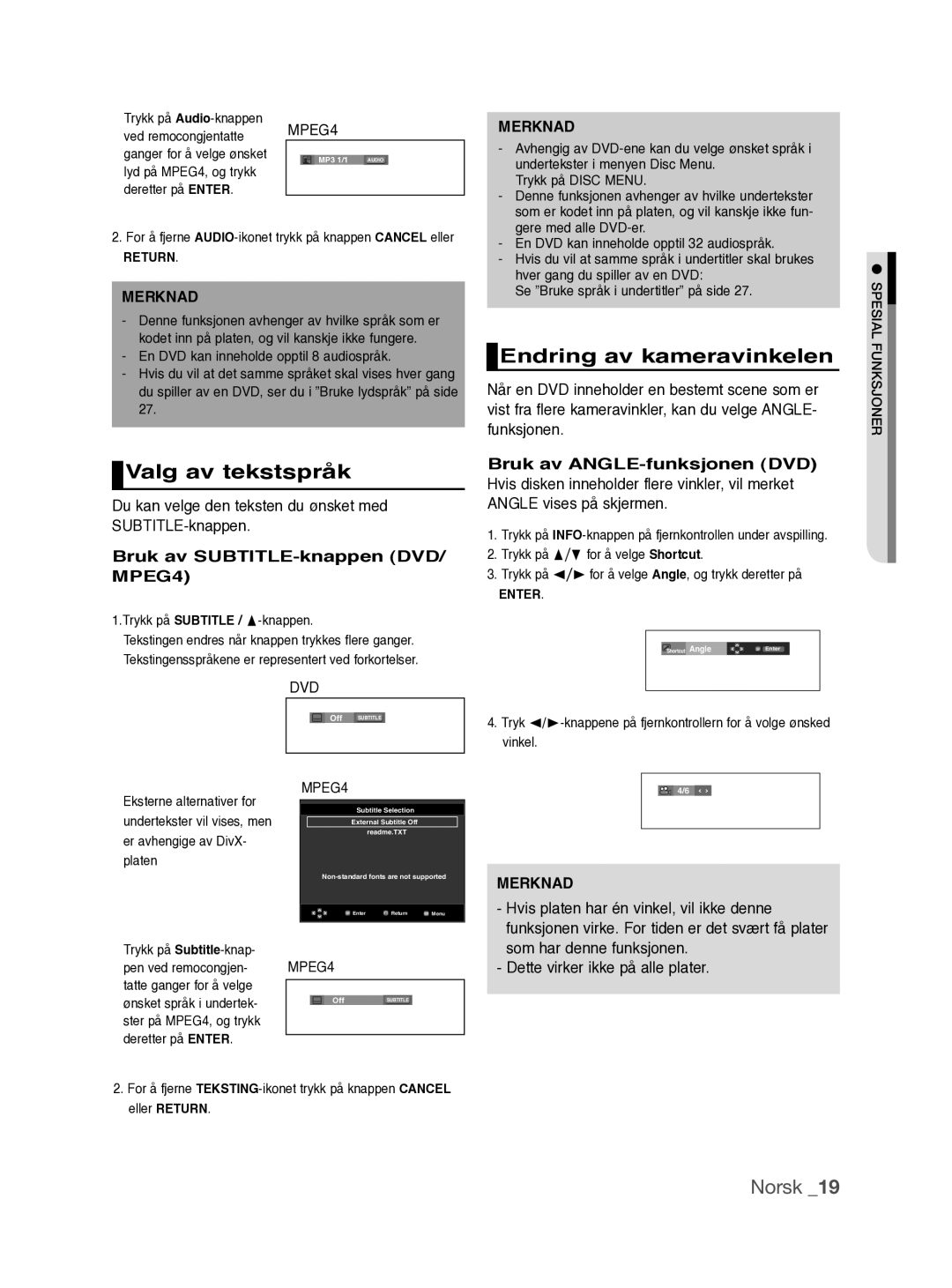 Samsung DVD-P390/XEE manual Valg av tekstspråk, Endring av kameravinkelen, Bruk av SUBTITLE-knappen DVD/ MPEG4 