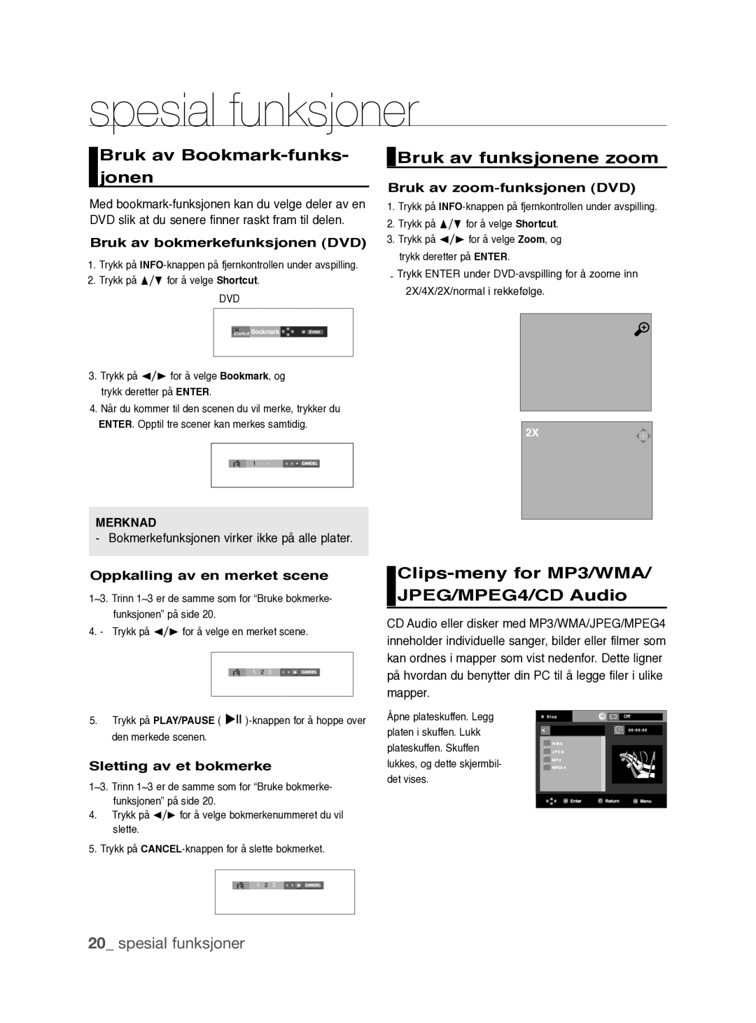 Samsung DVD-P390/XEE Bruk av Bookmark-funks- jonen, Bruk av funksjonene zoom, Clips-meny for MP3/WMA/ JPEG/MPEG4/CD Audio 