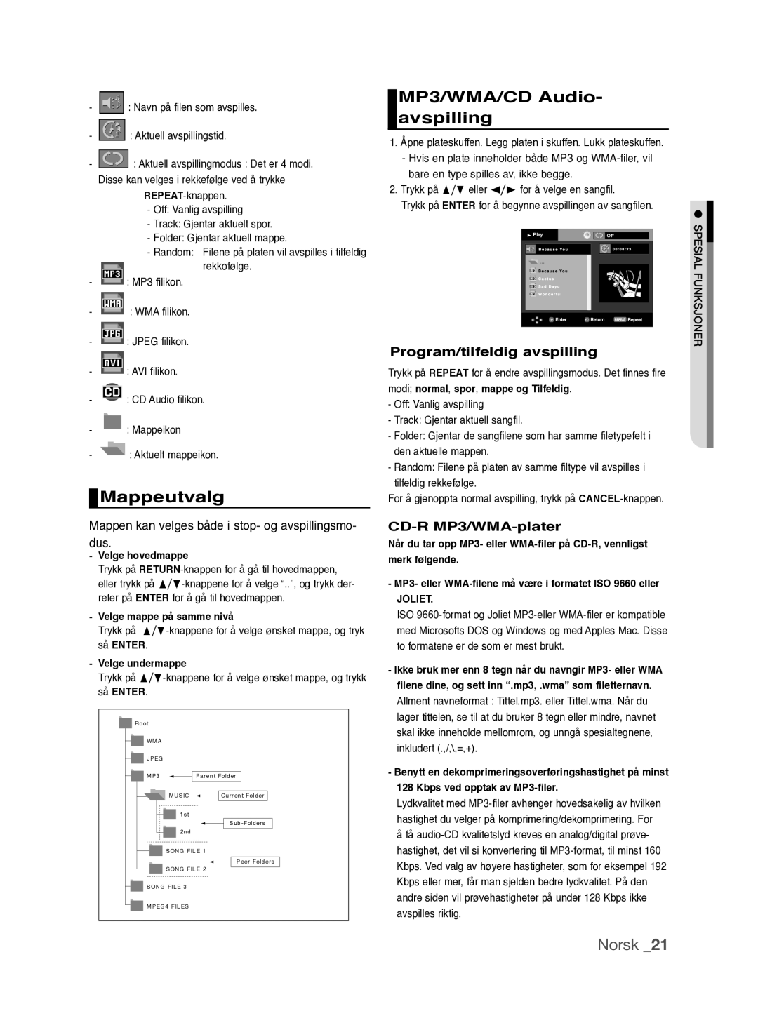 Samsung DVD-P390/XEE manual Mappeutvalg, MP3/WMA/CD Audio- avspilling, Mappen kan velges både i stop- og avspillingsmo- dus 