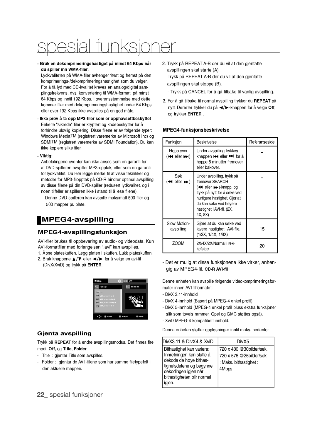 Samsung DVD-P390/XEE manual MPEG4-avspillingsfunksjon, Gjenta avspilling, MPEG4-funksjonsbeskrivelse, Viktig 