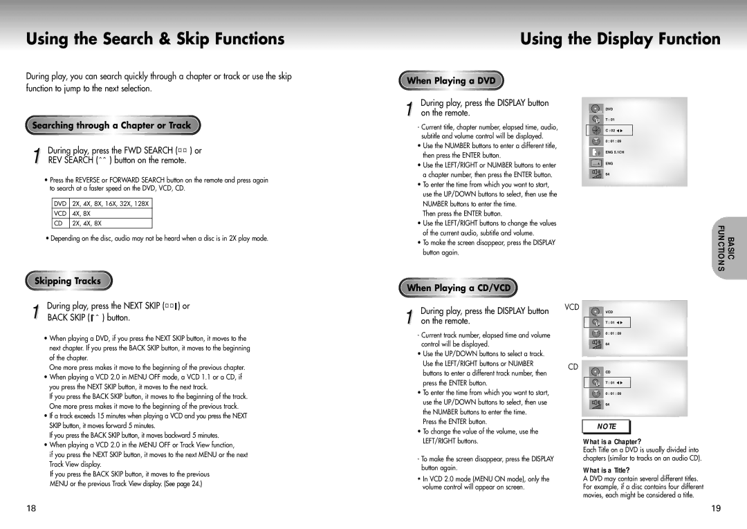 Samsung DVD-P421 manual Searching through a Chapter or Track, When Playing a DVD, Skipping Tracks, When Playing a CD/VCD 