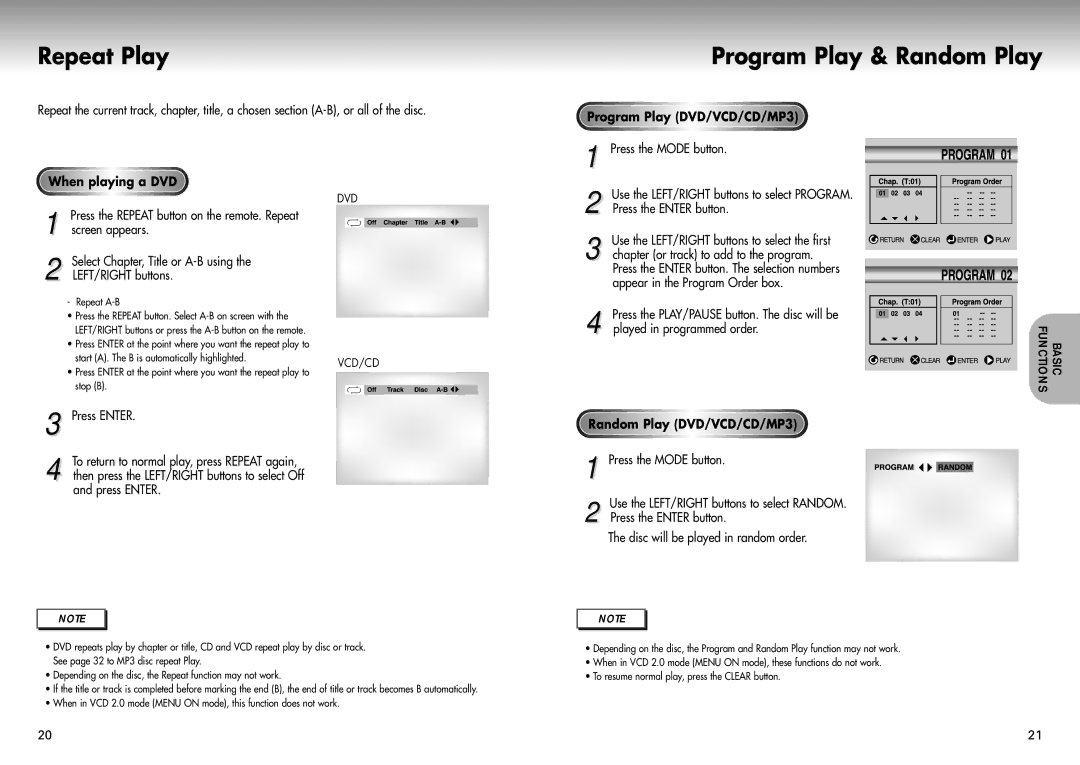 Samsung DVD-P421 manual Repeat Play, Program Play & Random Play, Program Play DVD/VCD/CD/MP3, Random Play DVD/VCD/CD/MP3 