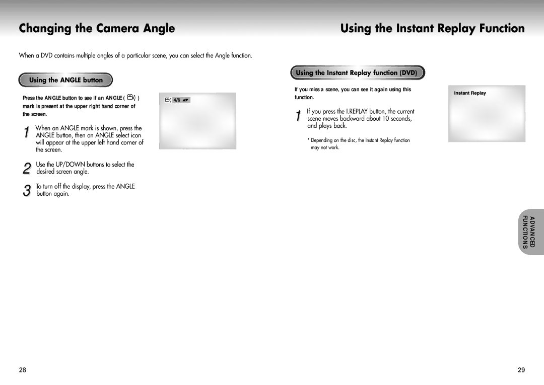 Samsung DVD-P421 manual Changing the Camera Angle, Using the Instant Replay Function, Using the Angle button 