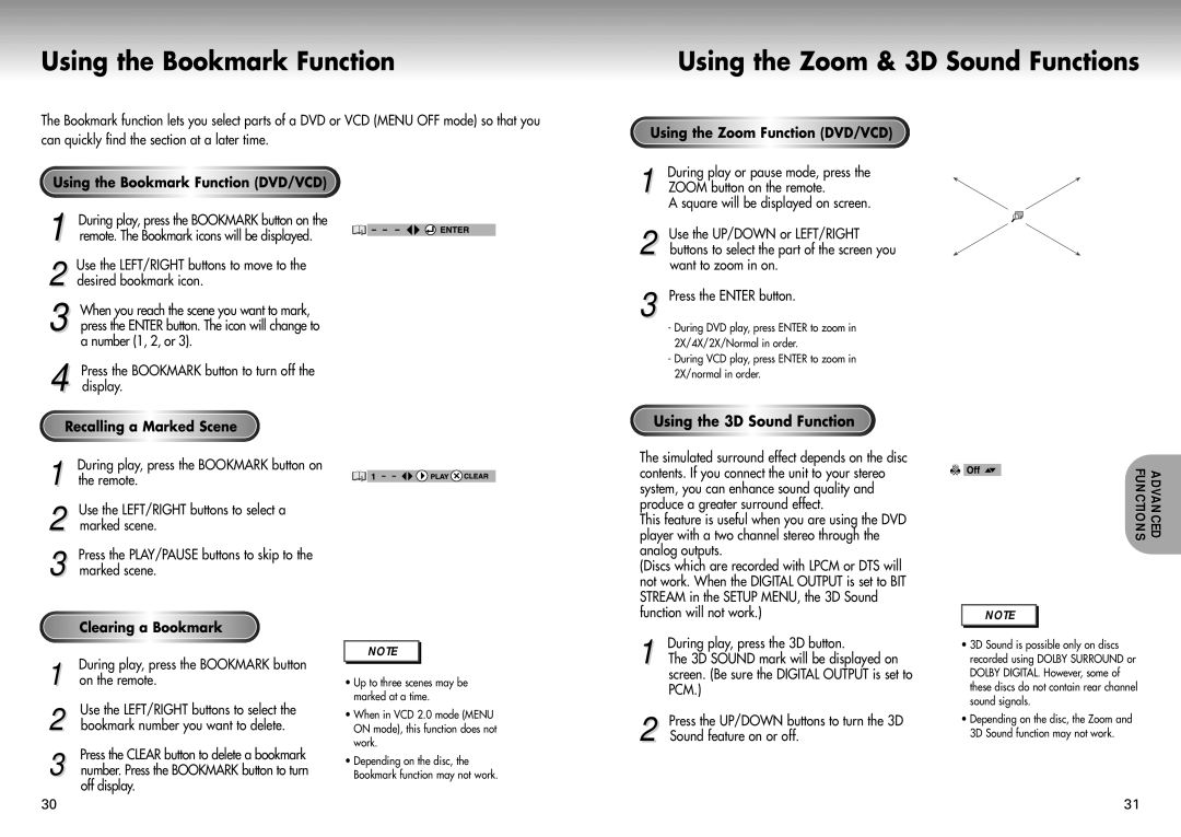 Samsung DVD-P421 manual Using the Bookmark Function DVD/VCD, Recalling a Marked Scene, Using the Zoom Function DVD/VCD 