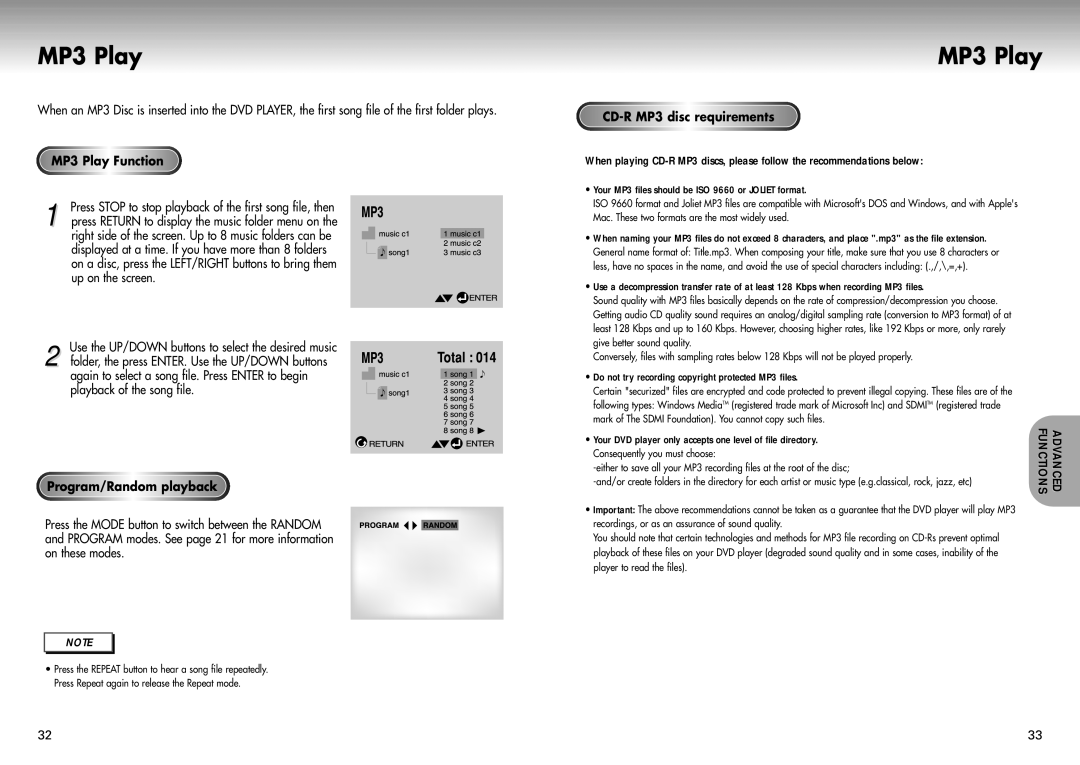 Samsung DVD-P421 manual MP3 Play Function, Program/Random playback, CD-R MP3 disc requirements 