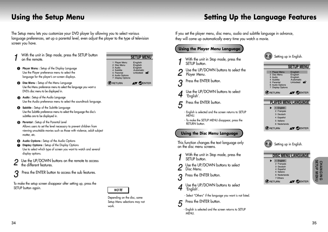 Samsung DVD-P421 manual Using the Setup Menu, Setting Up the Language Features, Using the Player Menu Language, Disc 