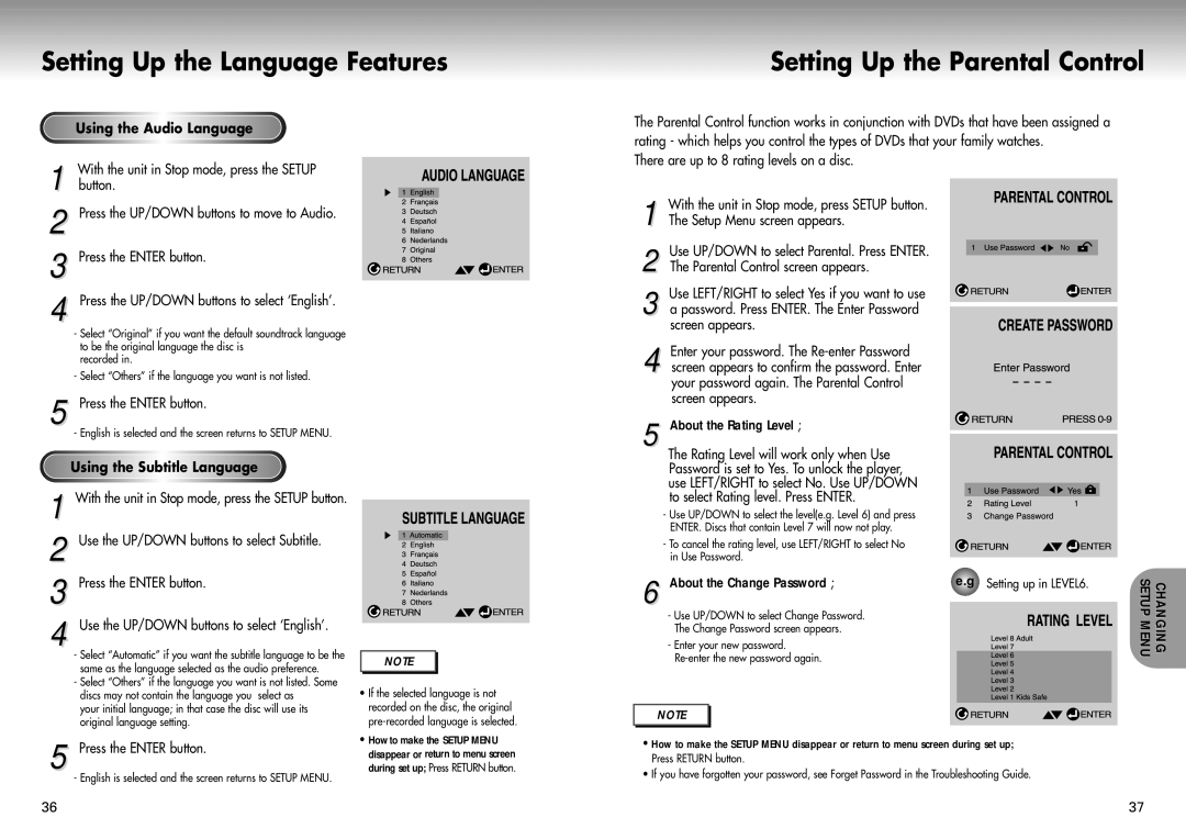 Samsung DVD-P421 manual Setting Up the Parental Control, Using the Audio Language, Using the Subtitle Language 