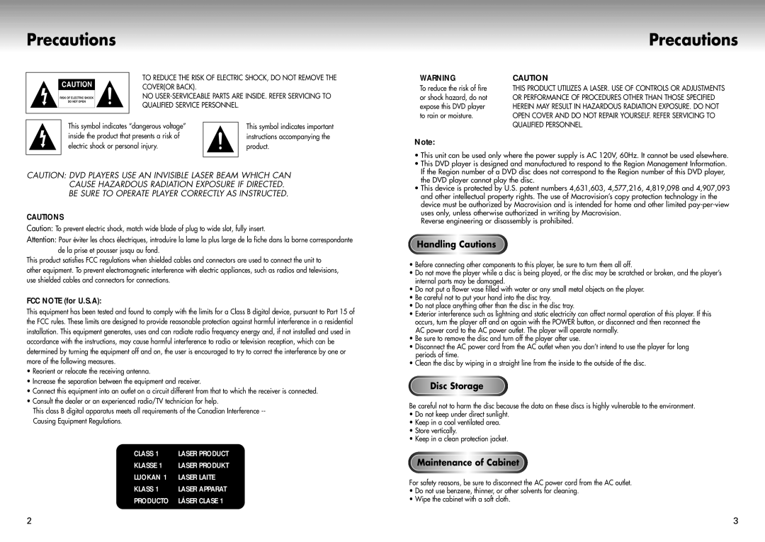 Samsung DVD-P421 manual Precautions, FCC Note for U.S.A, Handling Cautions, Disc Storage, Maintenance of Cabinet 