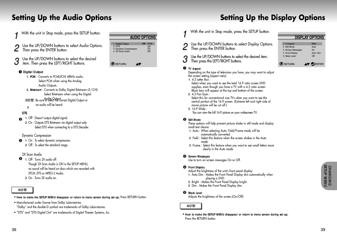 Samsung DVD-P421 manual Setting Up the Audio Options, Setting Up the Display Options, Dynamic Compression, 2X Scan Audio 