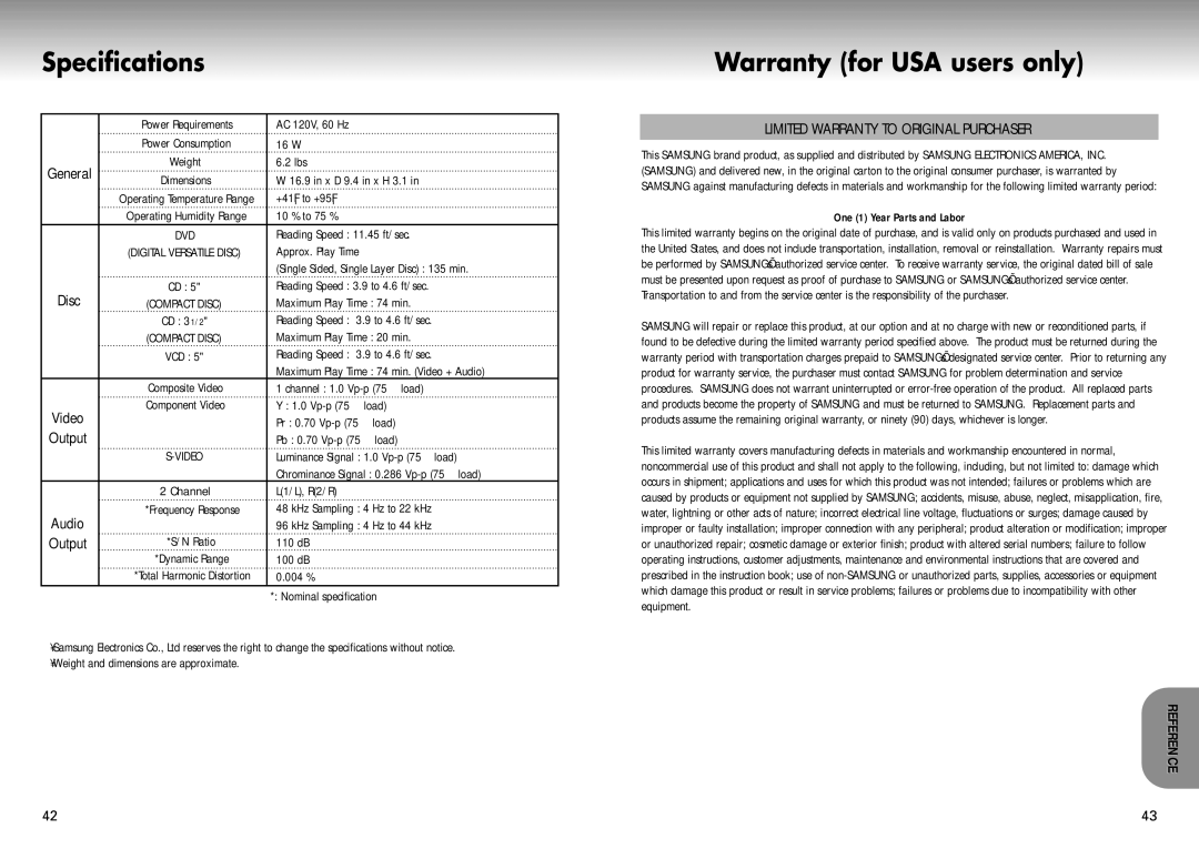 Samsung DVD-P421 manual Specifications, Warranty for USA users only, General, Audio 