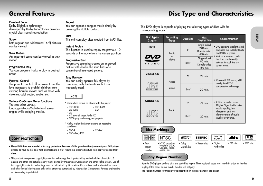 Samsung DVD-P421 manual General Features, Disc Type and Characteristics, Play Region Number 