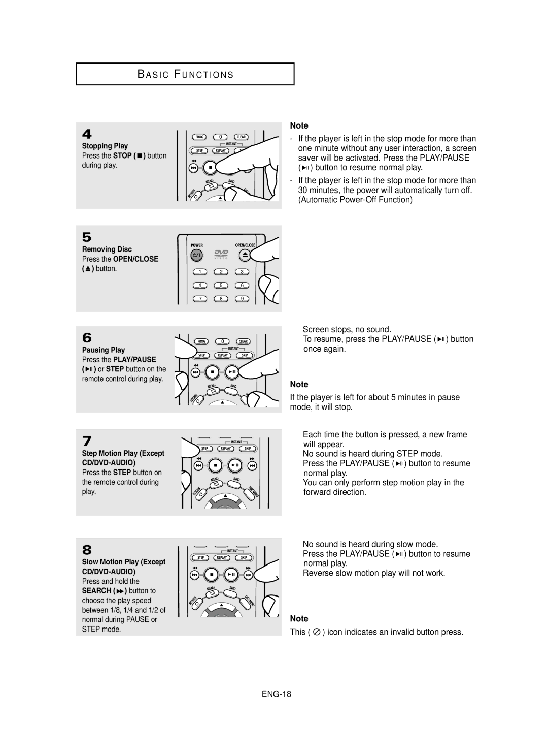 Samsung DVD-P450/XSG manual Stopping Play, Removing Disc, Pausing Play, Step Motion Play Except, Slow Motion Play Except 