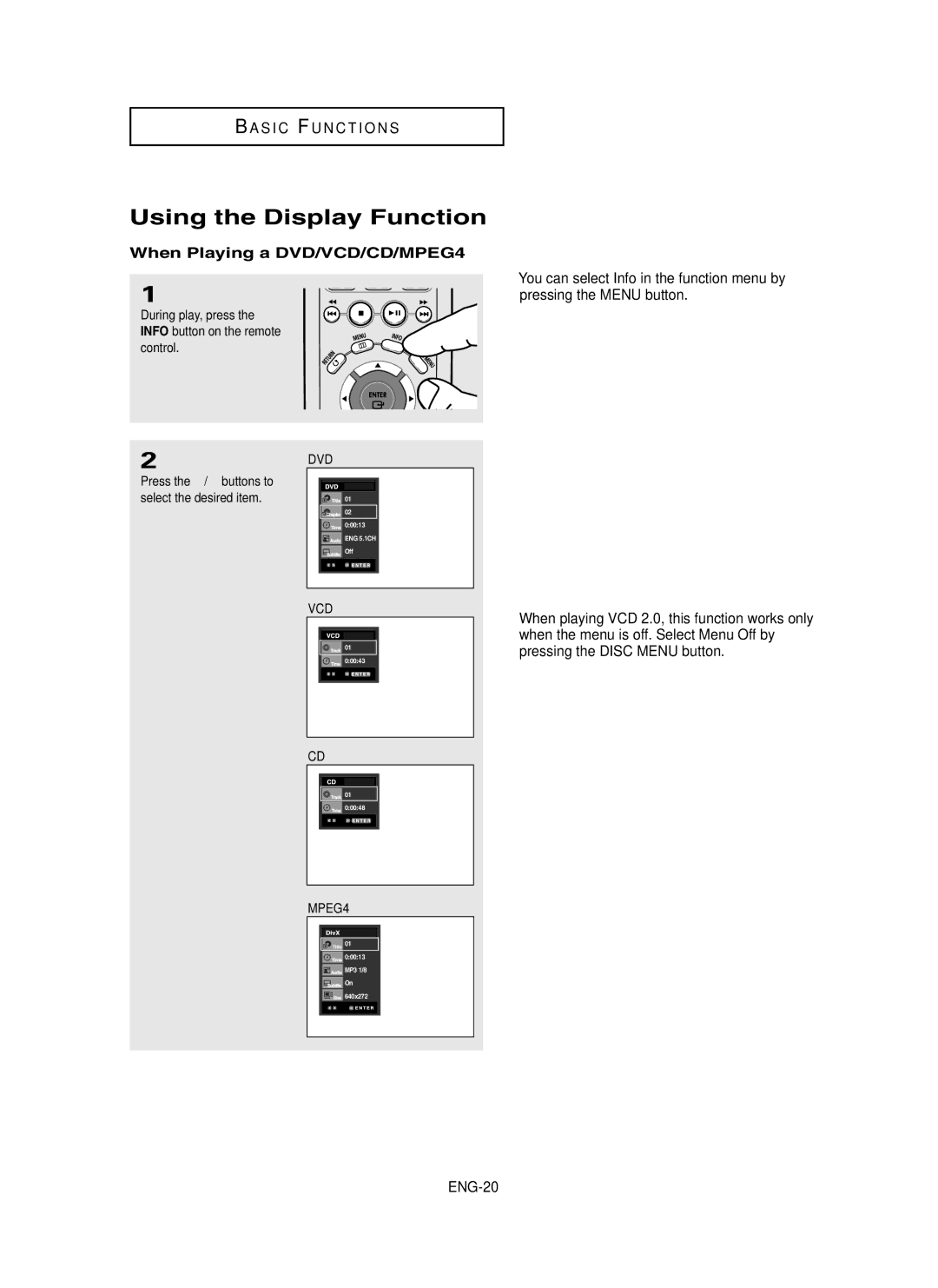 Samsung DVD-P450/XSS, DVD-P450/XSG, DVD-P450/AND manual Using the Display Function, When Playing a DVD/VCD/CD/MPEG4 