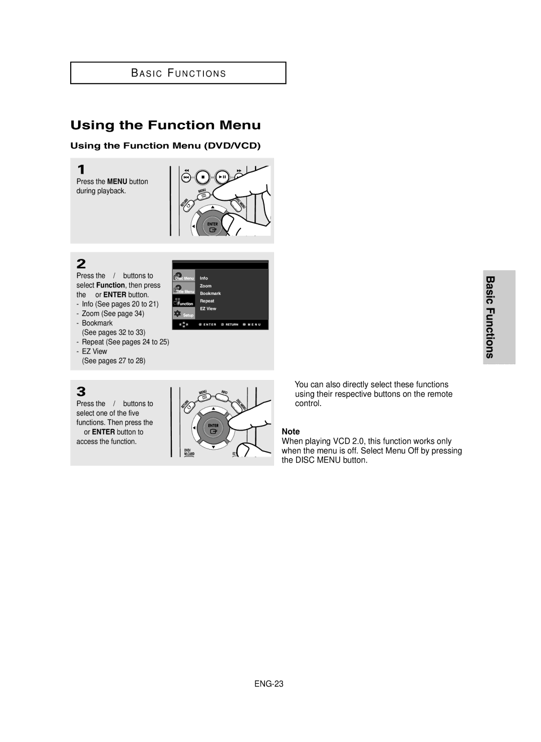 Samsung DVD-P450/XSS, DVD-P450/XSG, DVD-P450/AND manual Using the Function Menu DVD/VCD 