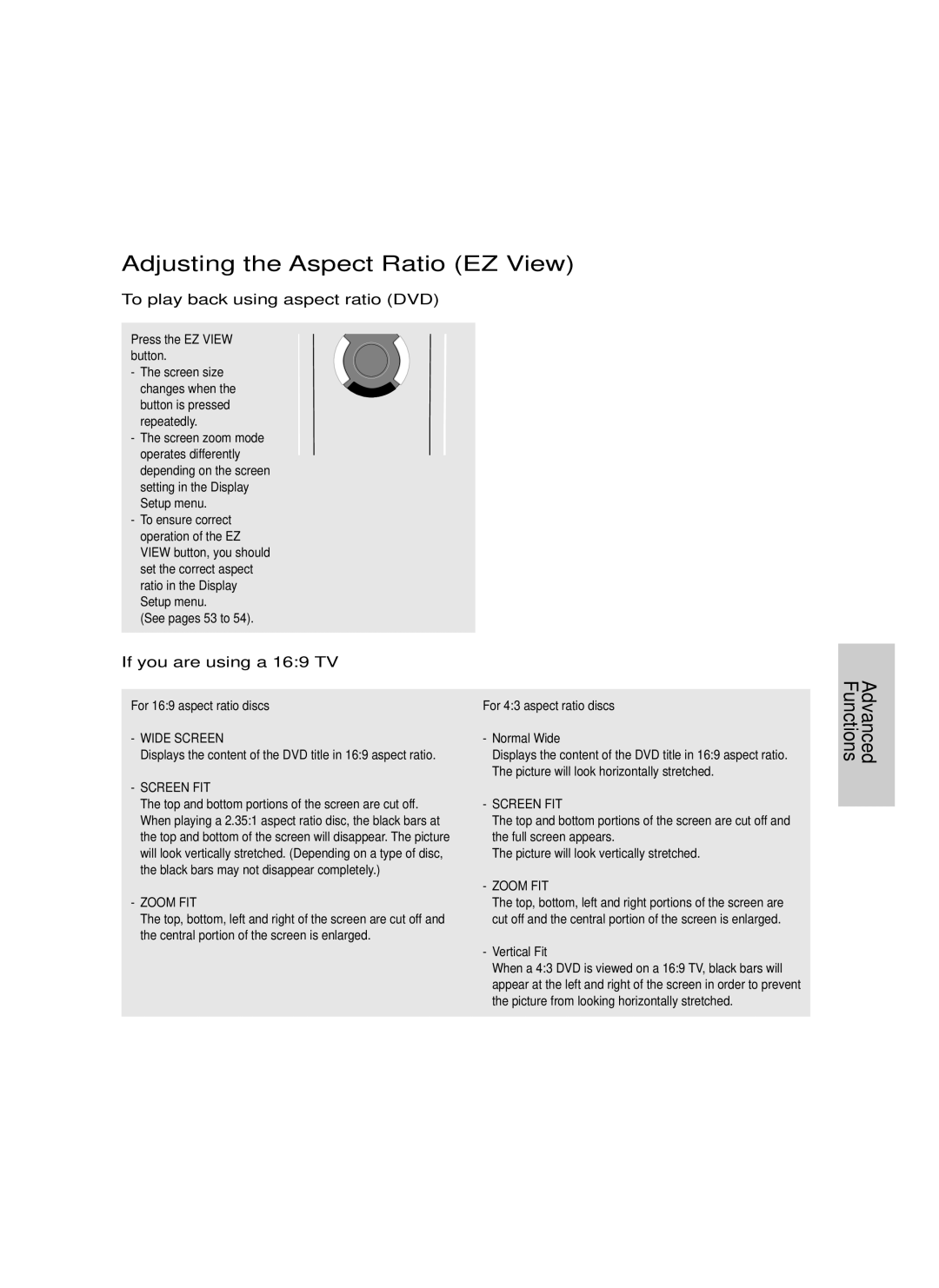 Samsung DVD-P450/XSG Adjusting the Aspect Ratio EZ View, To play back using aspect ratio DVD, If you are using a 169 TV 