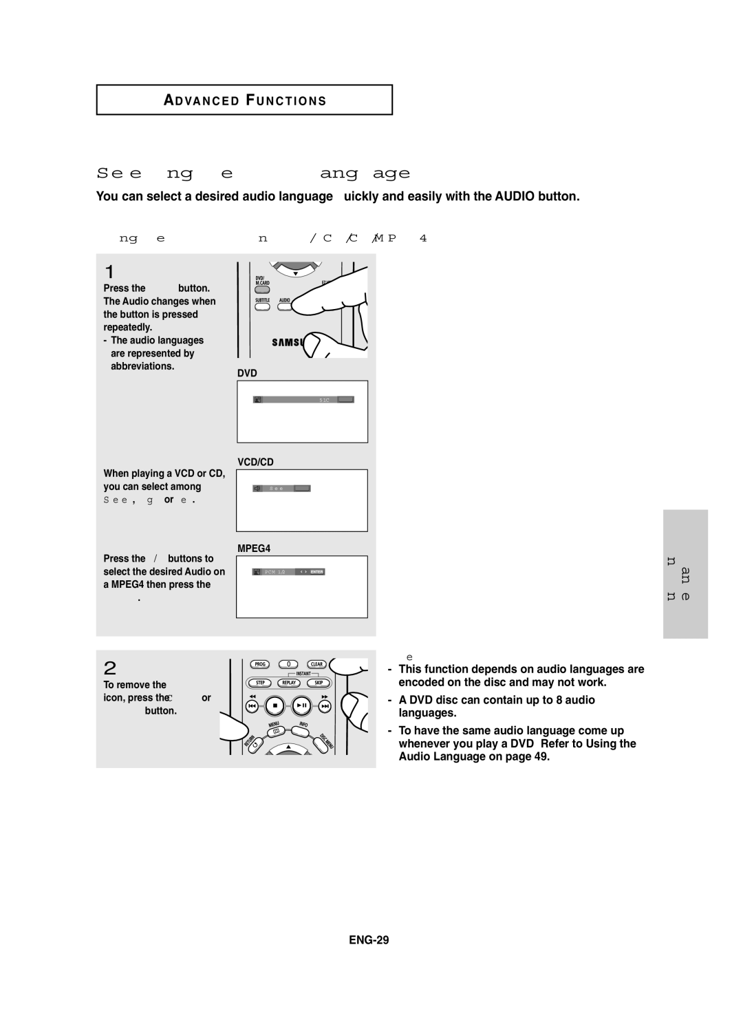 Samsung DVD-P450/XSS, DVD-P450/XSG, DVD-P450/AND manual Selecting the Audio Language, Using the Audio button DVD/VCD/CD/MPEG4 