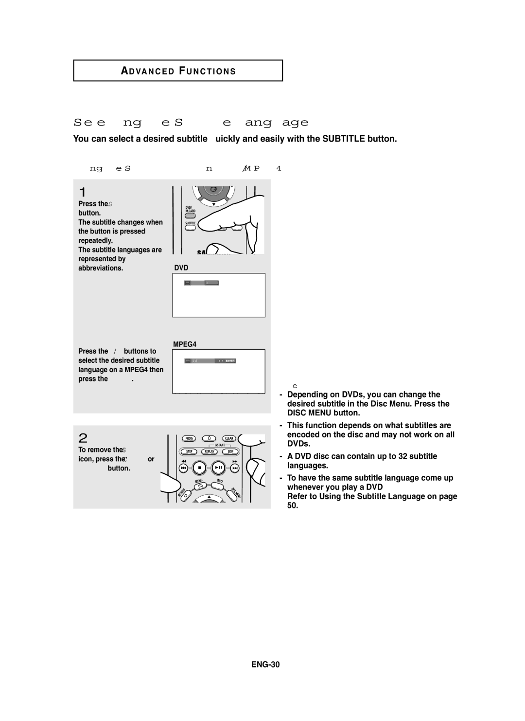 Samsung DVD-P450/XSG, DVD-P450/AND, DVD-P450/XSS manual Selecting the Subtitle Language, Using the Subtitle button DVD/MPEG4 