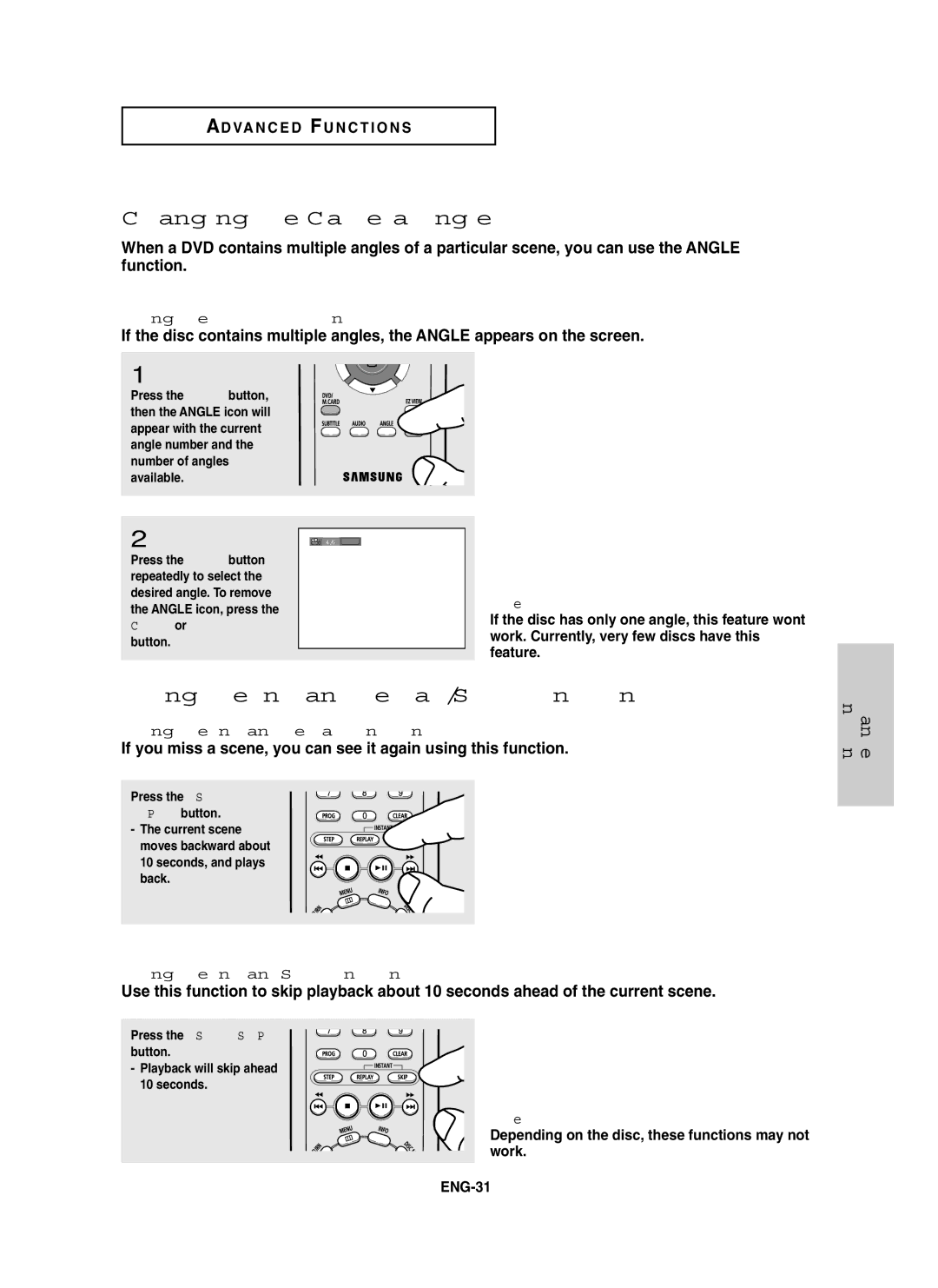 Samsung DVD-P450/AND manual Changing the Camera Angle, Using the Instant Replay/Skip Function, Using the Angle button DVD 