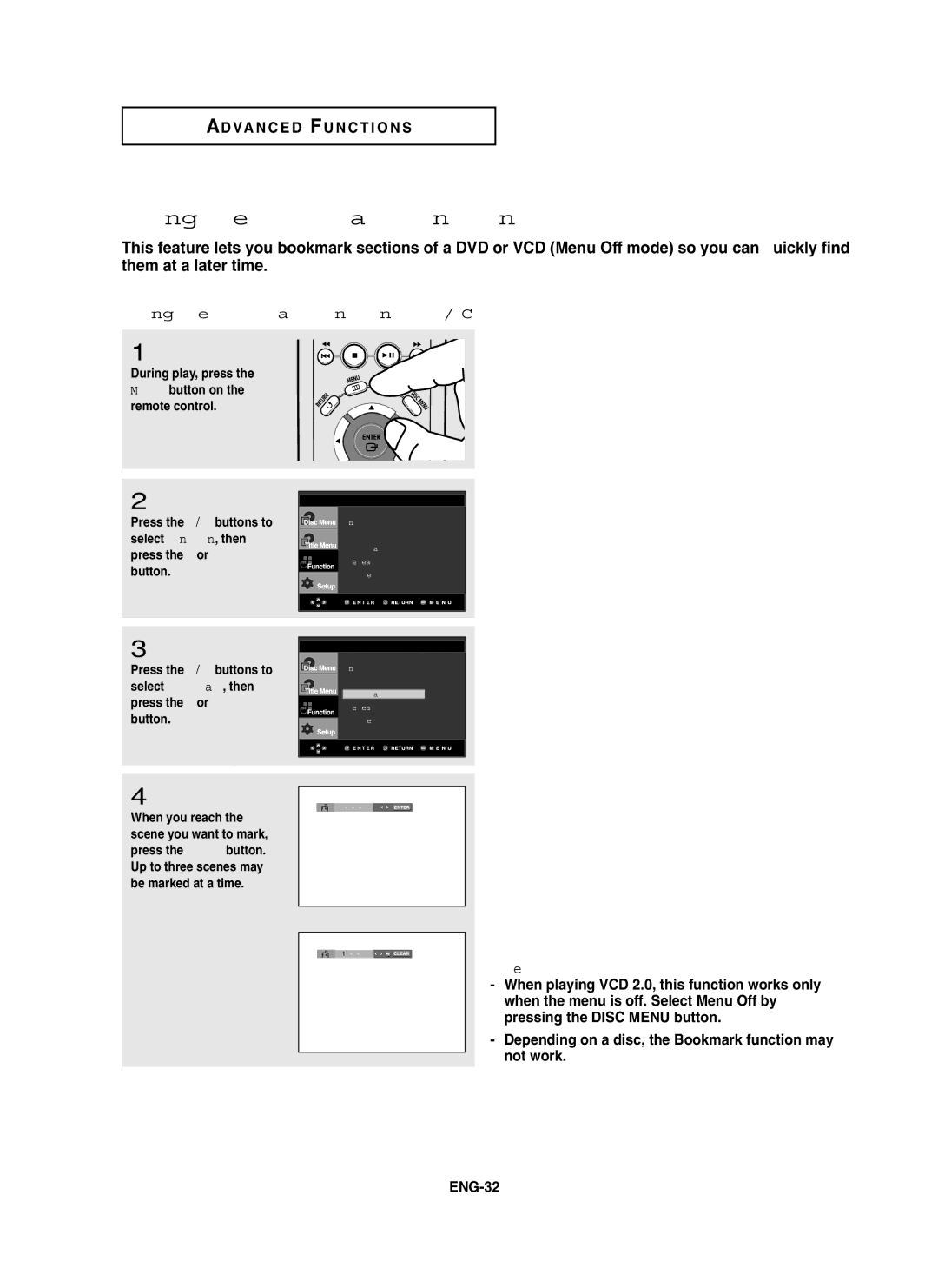 Samsung DVD-P450/XSS, DVD-P450/XSG, DVD-P450/AND manual Using the Bookmark Function DVD/VCD 