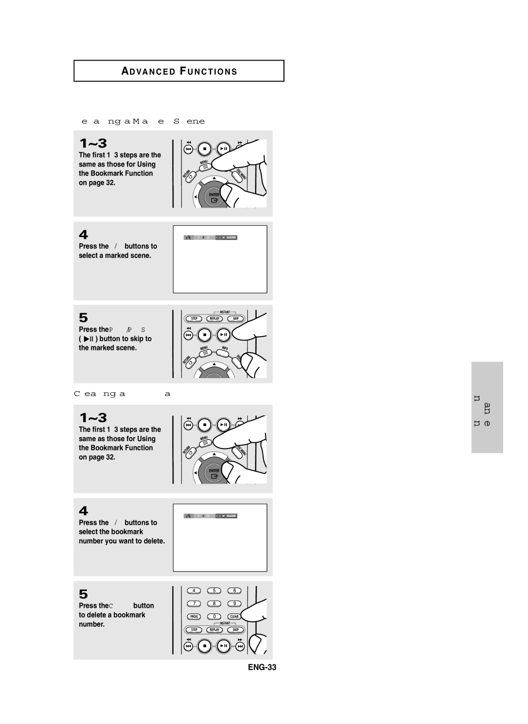 Samsung DVD-P450/XSG, DVD-P450/AND, DVD-P450/XSS manual Recalling a Marked Scene, Clearing a Bookmark 